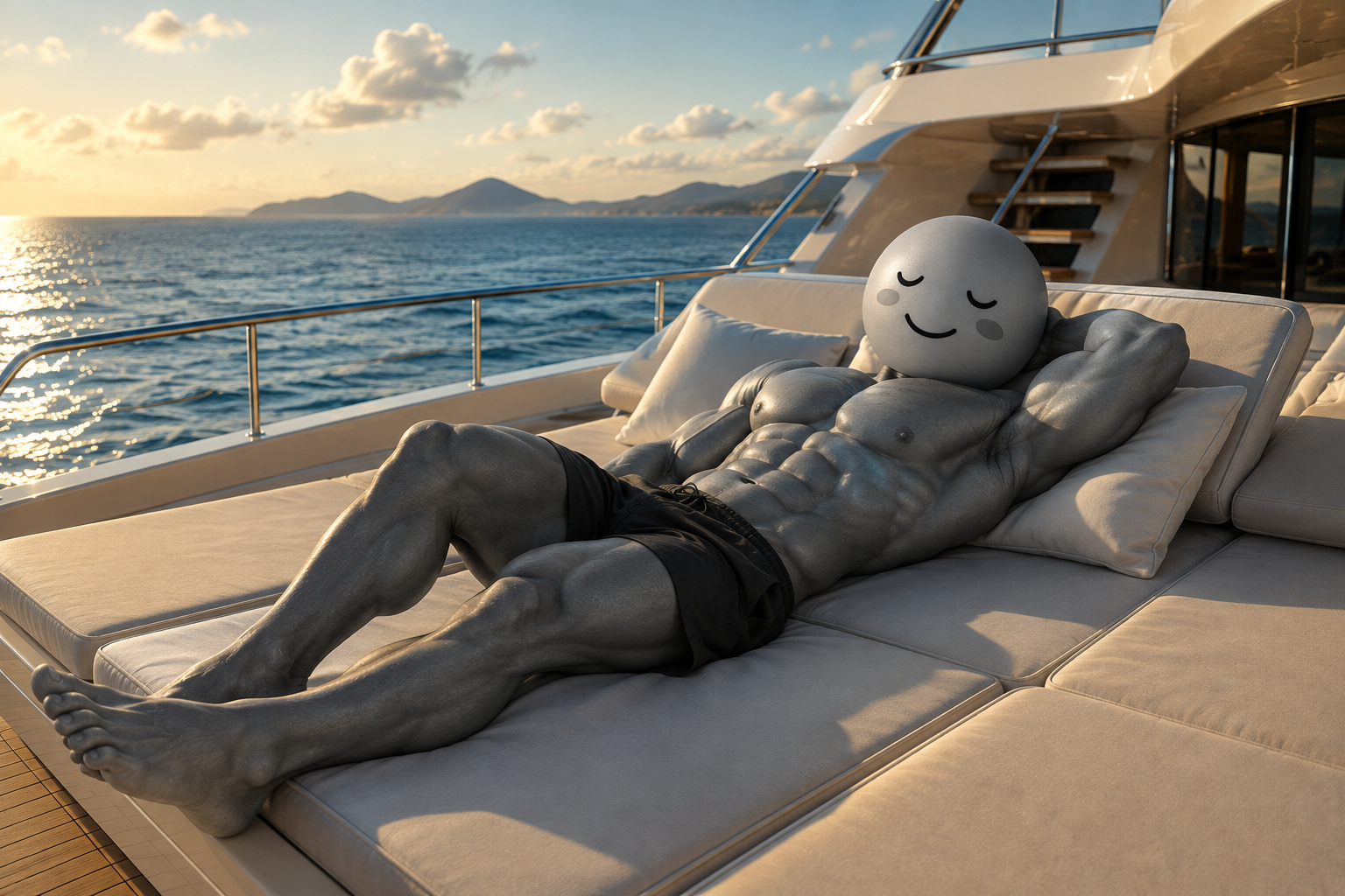CUPCY relaxing on a luxury yacht during sunset.